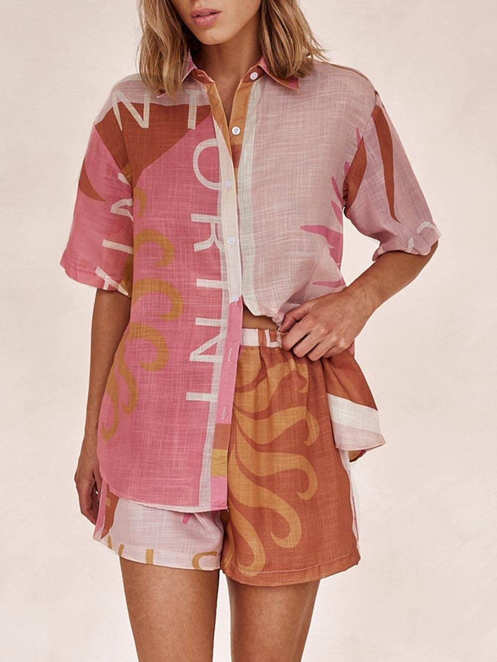 Loose Printed Bright Sun Vacation Shirt Shorts Set