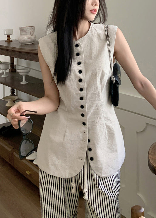 Art Linen O Neck Button Waistcoat Sleeveless