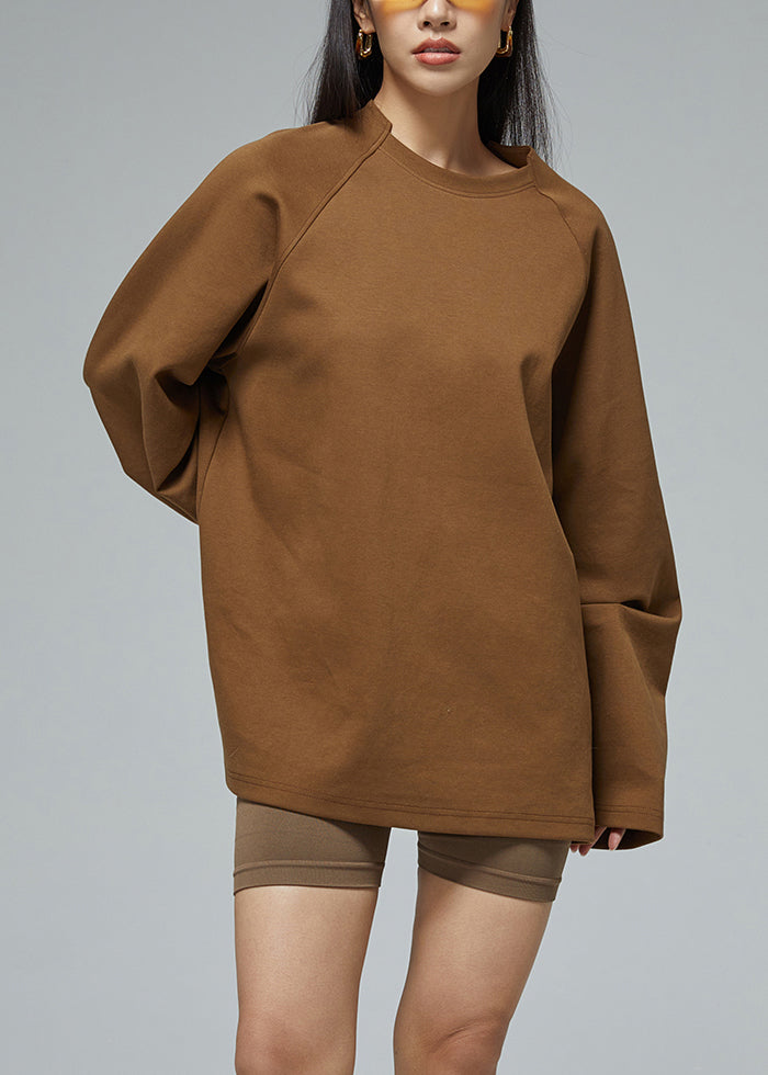 Brown O Neck Cotton Sweatshirt Fall