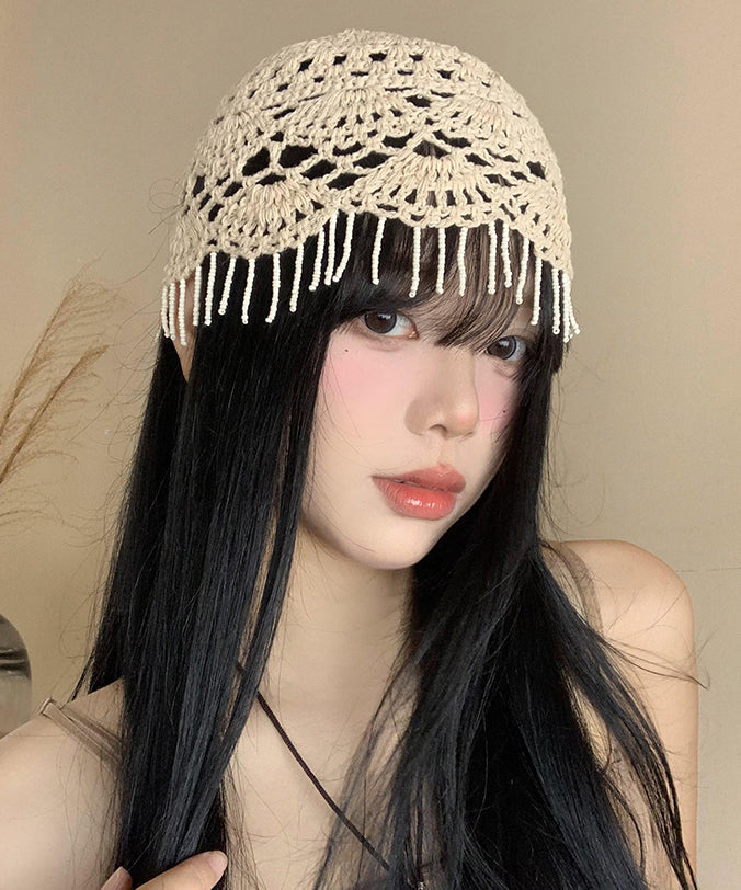 Beige Tassel Hollow Out Knit Boonie Hat