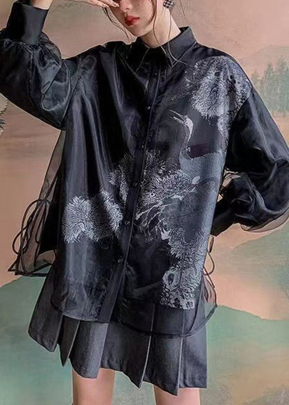 Black Peter Pan Collar Print Tulle Patchwork Silk Shirts Long Sleeve