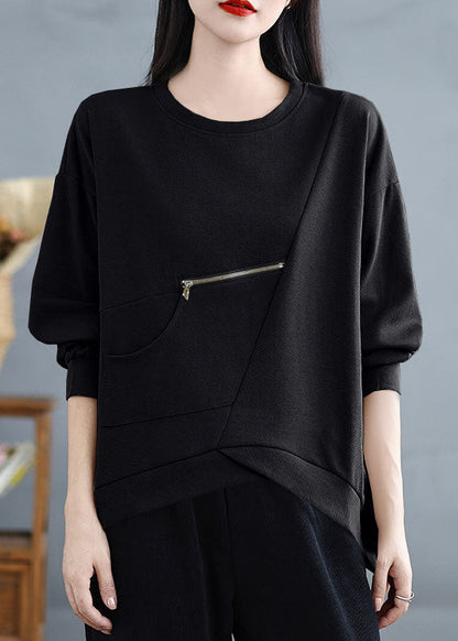 Black Pockets Patchwork Cotton Top Zip Up O-neck Spring