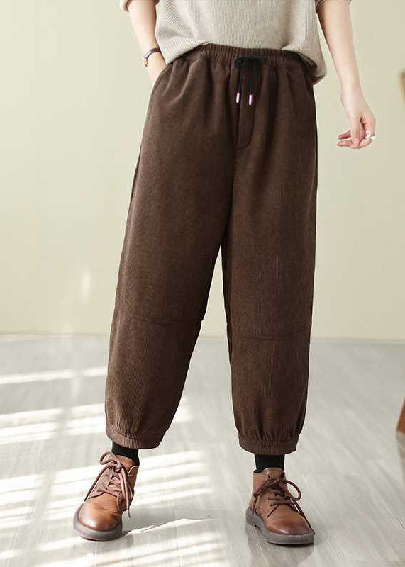Red Pockets Elastic Waist Corduroy Warm Fleece Pants Spring