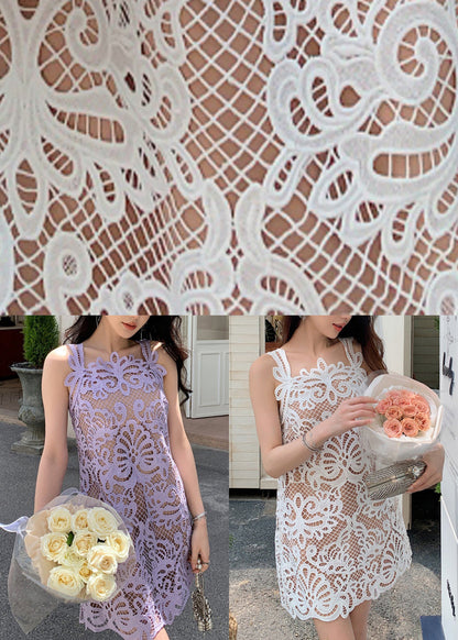 Purple Lace Spaghetti Strap Dress Hollow Out Summer