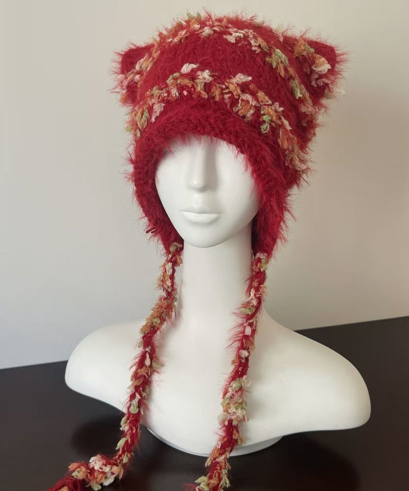 Japanese Style Red Knitted Warm Ear Protection Hat