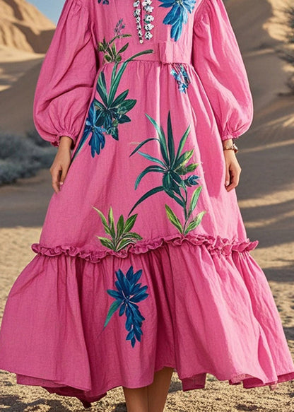 Loose Rose Ruffled Print Cotton Holiday Dress Fall
