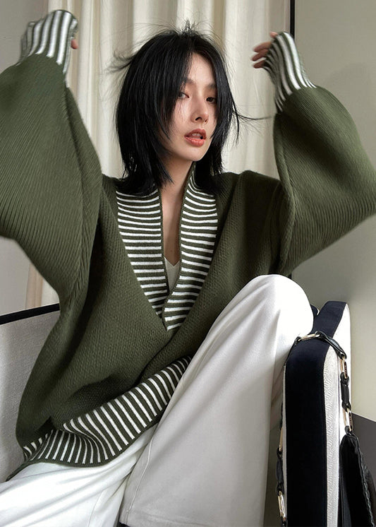 Army Green V Neck Striped Patchwork Knit Sweater Fall