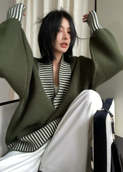 Army Green V Neck Striped Patchwork Knit Sweater Fall