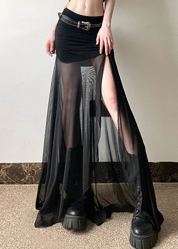 Black Cinched Side Open Tulle Skirts Summer
