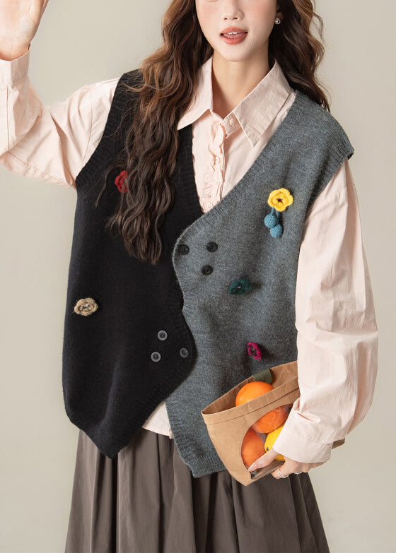 Loose Black Asymmetrical Patchwork Knit Vest Top Sleeveless