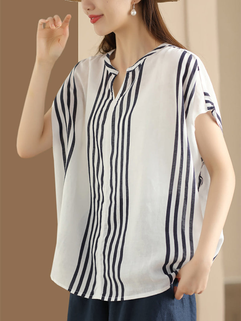 Summer Artsy Stripe V-neck Thin Linen Shirt