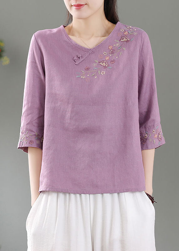Purple Patchwork Linen Shirt Top O-neck Embroidered Three Quarter Sleeve