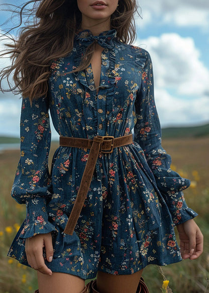 Blue Ruffled Print Cotton Short Dresses Long Sleeve