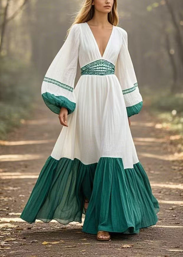 White V Neck Patchwork Exra Large Hem Dresses Lantern Sleeve