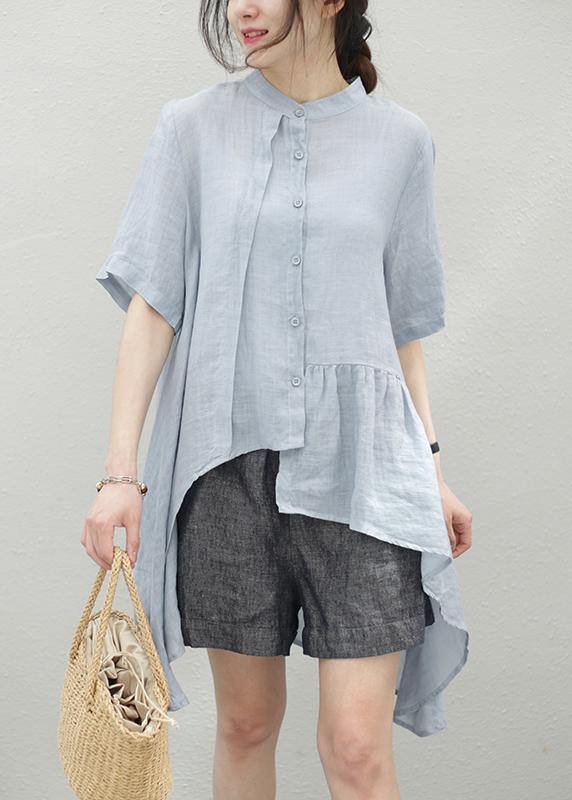 Handmade Blue Linen Clothes Stand Collar Asymmetric Cotton Blouse