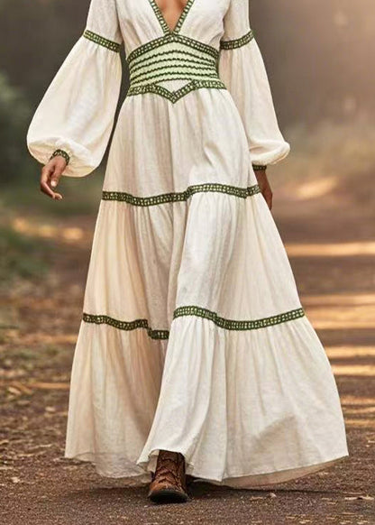 White Cinched Patchwork Cotton Long Dresses Lantern Sleeve