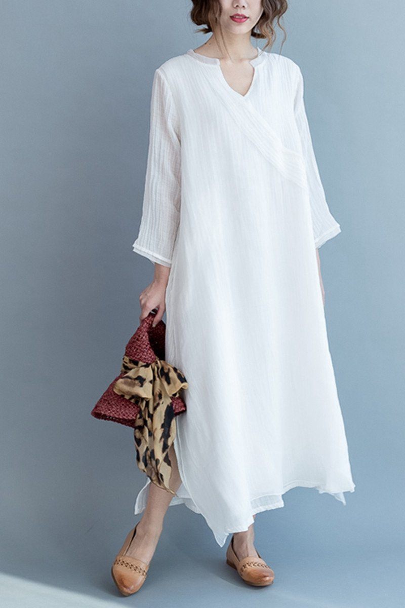 White Silk Linen Long Summer Dresses V-neck Clothing