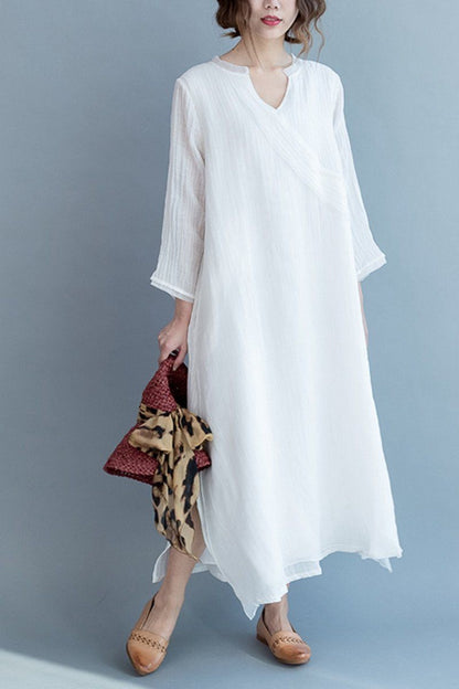 White Silk Linen Long Summer Dresses V-neck Clothing