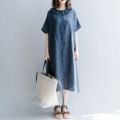 Navy Cotton Linen Dress Dress Fine Short Sleeve Patchwork Peter Pan Collar Pockets Cotton Linen Dresses