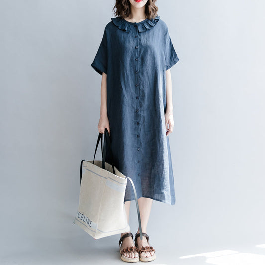 Navy Cotton Linen Dress Dress Fine Short Sleeve Patchwork Peter Pan Collar Pockets Cotton Linen Dresses