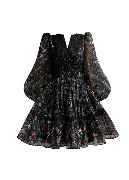 Black V Neck Print Lace Patchwork Chiffon Short Dress Long Sleeve