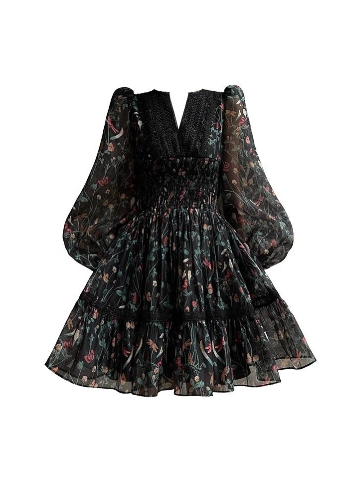 Black V Neck Print Lace Patchwork Chiffon Short Dress Long Sleeve