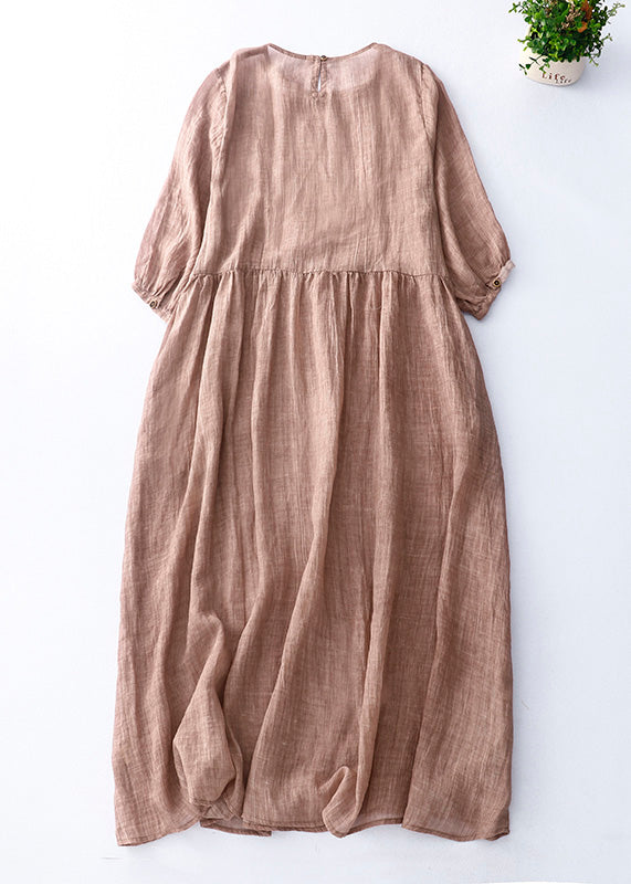 Green O-neck Patchwork Linen Maxi Dress Short Sleeve