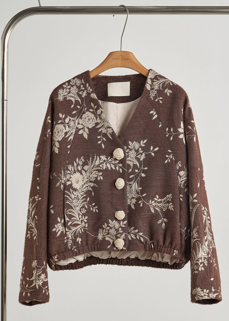 Brown Embroidered Decorated Cotton Jackets Fall