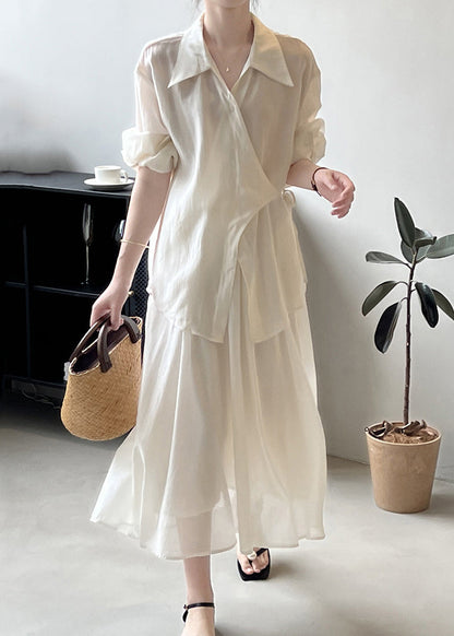 Beige Lace Up Shirts and Skirts Two Pieces Set Fall
