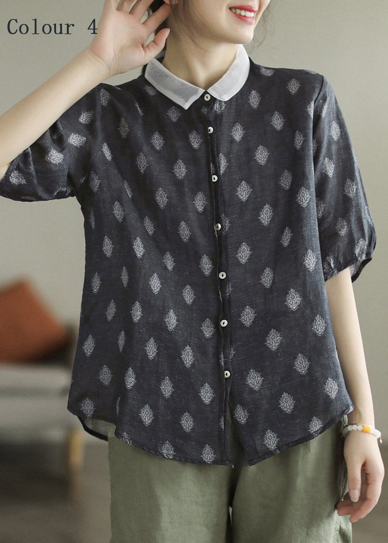 Colour 1 Peter Pan Collar Print Button Linen Shirt Half Sleeve