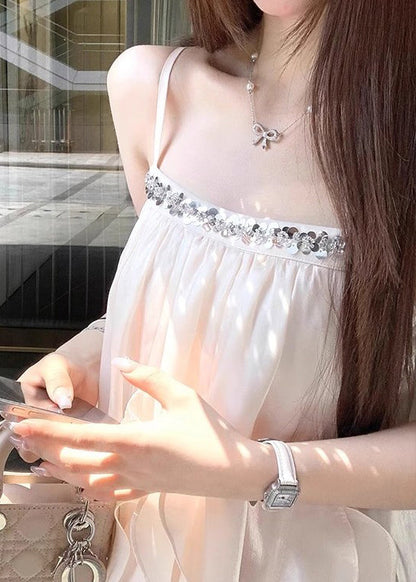 Apricot Sequins Silk Spaghetti Strap Dress Sleeveless
