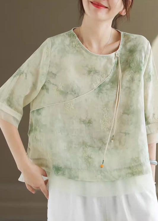 Light Green O Neck Tasseled Embroidered Linen Shirts Summer