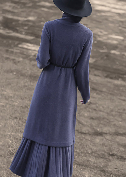 New Blue Turtleneck Tops and Skirts Wool Knit Two-piece Set Winter