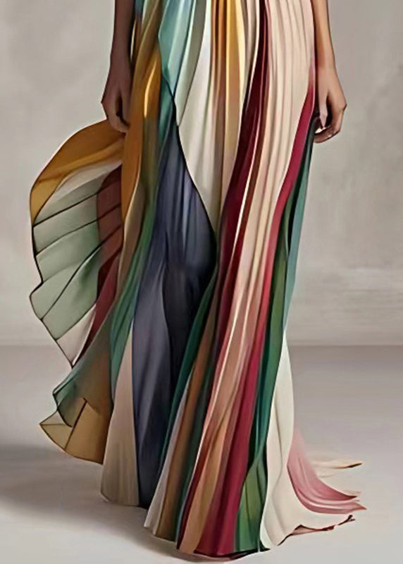 Striped Cold Shoulder Wrinkled Long Dress Sleeveless