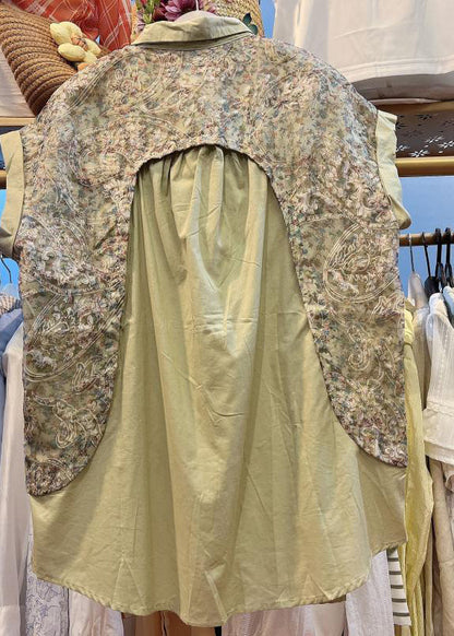 Khaki Peter Pan Collar Print Patchwork Cotton Shirt Top Summer
