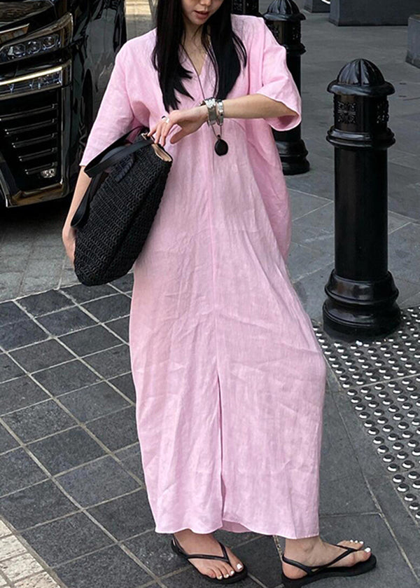 Pink V Neck Cotton Long Dresses Summer
