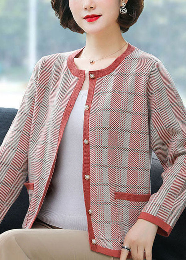 Red O-neck Pockets Plaid Knit Coat Long Sleeve