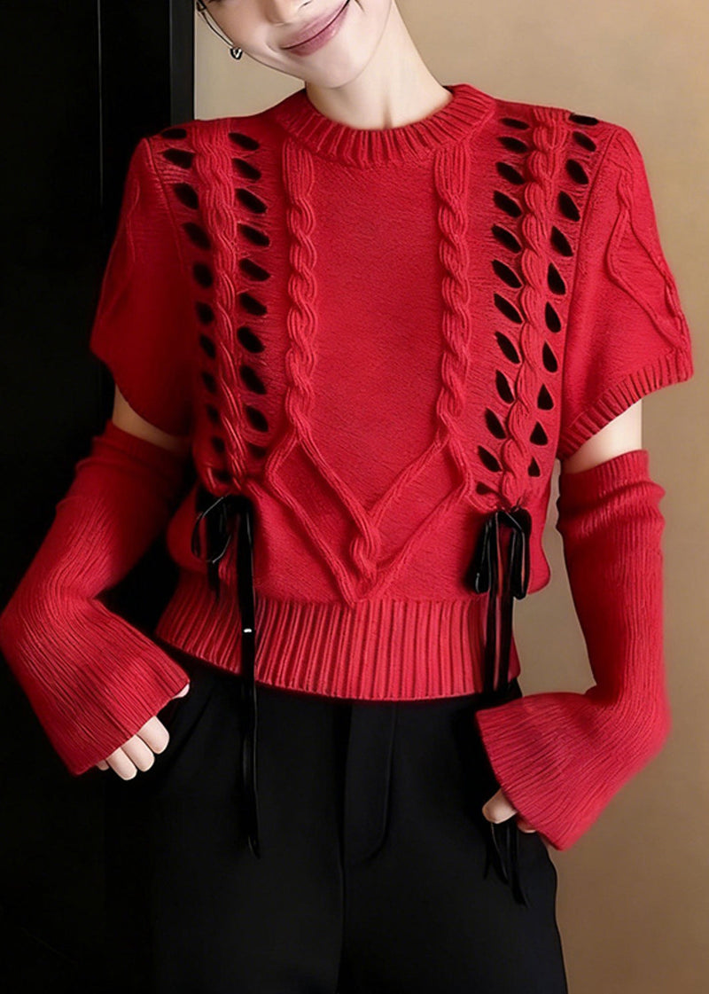 Red Warm Cable Knit Sweater Half Sleeve