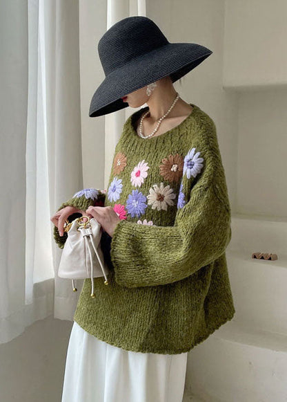 Green Embroidered Knit Sweaters Winter