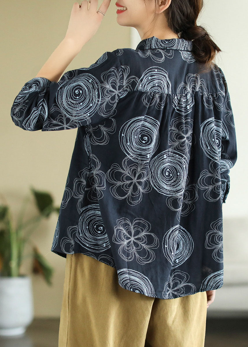 Navy Peter Pan Collar Print Patchwork Cotton Shirt Top Spring