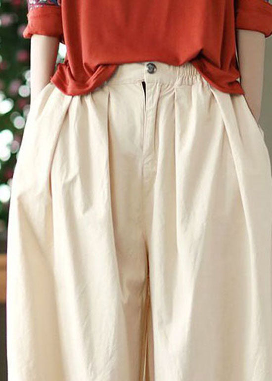 Beige Pockets Wrinkled Patchwork Linen Crop Pants Summer