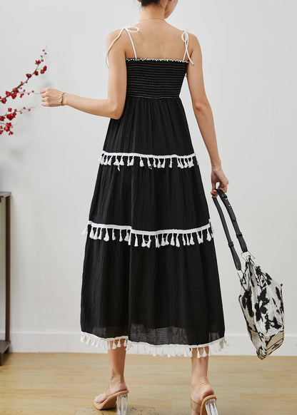 Black Tasseled Cotton Summer Spaghetti Strap Dress