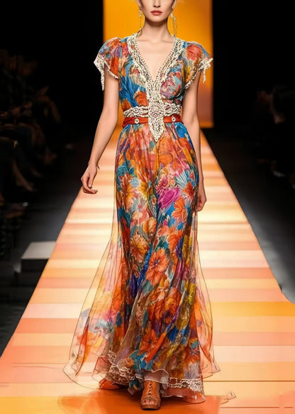 Modern Cinched Print Chiffon Long Dresses Summer