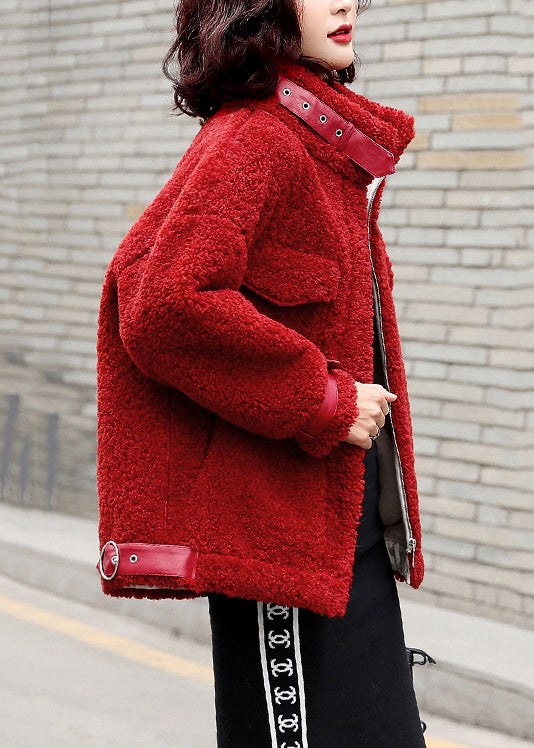 Loose Red Zippered Patchwork Teddy Faux Fur Coat Winter