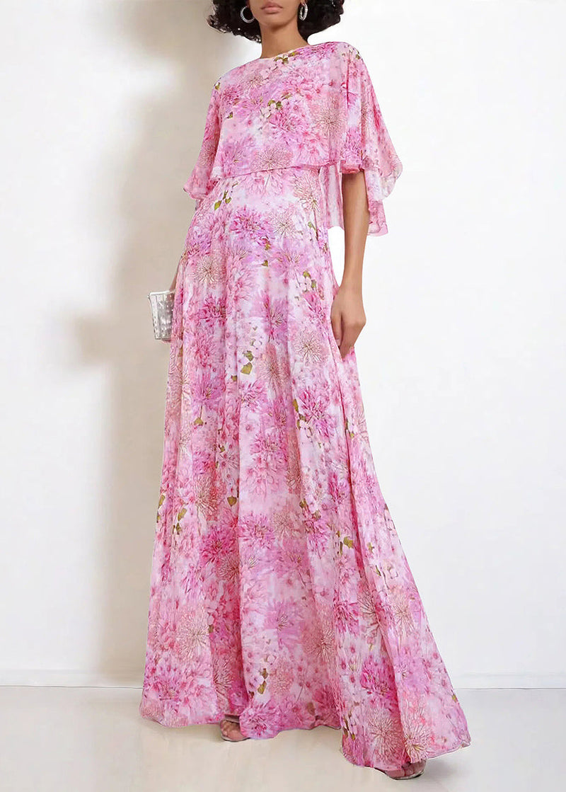 Pink O Neck Print Chiffon Maxi Dresses Butterfly Sleeve