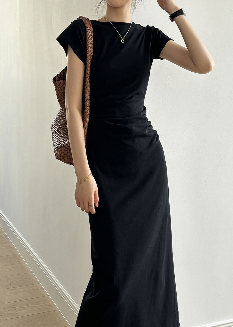 Black High Waist Cotton Dress O-neck Short Sleeve