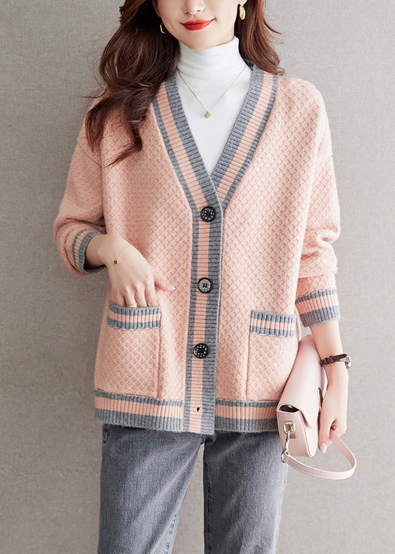 Pink V Neck Button Patchwork Knit Cardigan Fall