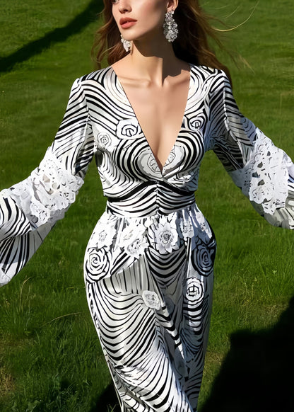 Diy Black Striped Patchwork Lace Silk Holiday Dress Spring
