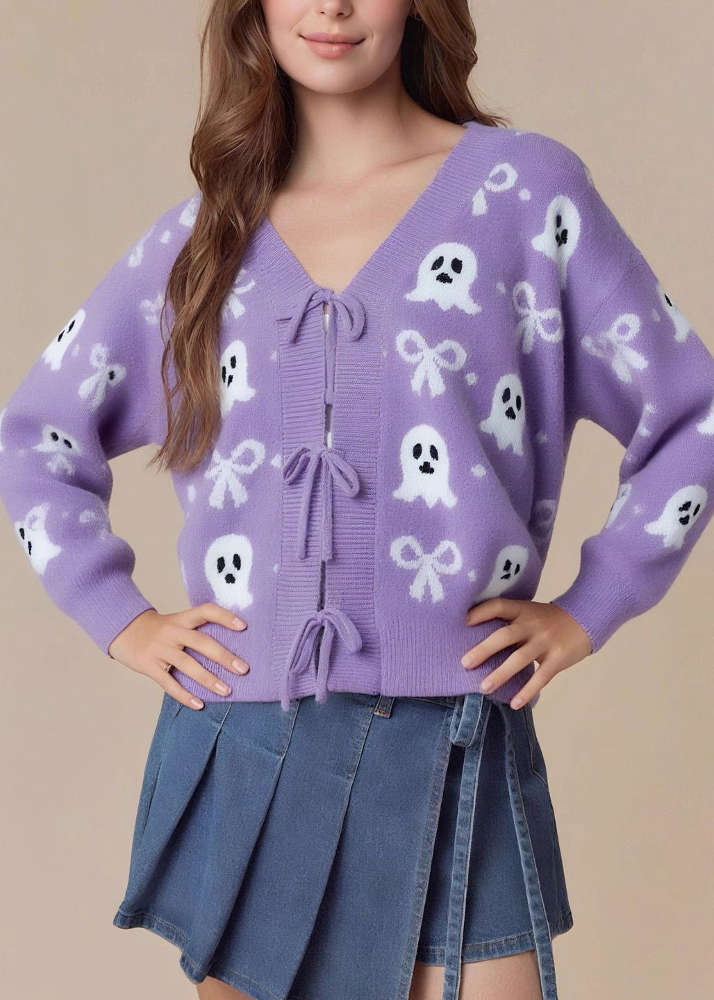 New Pink V Neck Jacquard Lace Up Knit Cardigans Fall