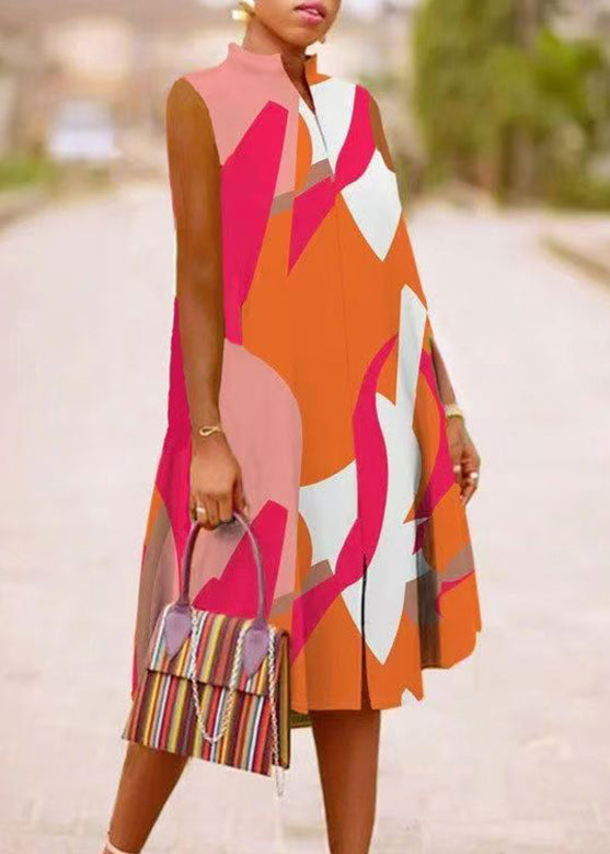 Green Stand Collar Summer Print Maxi Dresses Summer